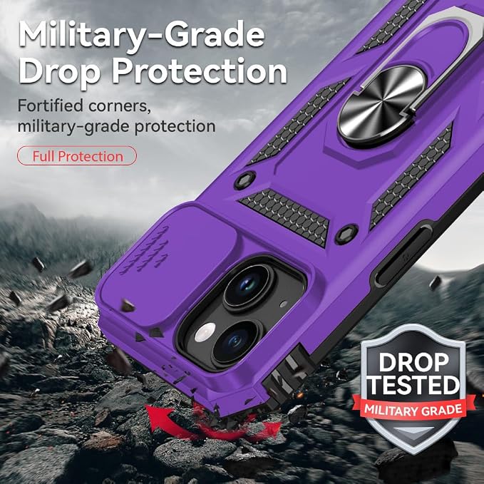 HNHYGETE for iPhone 15 Case with HD Screen Protector: [Military Grade 20ft. Drop Tested] Ring Shockproof Protective Phone Case for - iPhone 15 Purple - Image 3