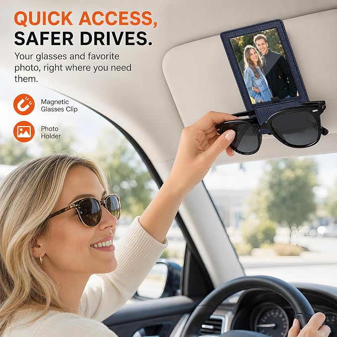 2-in-1 Car Visor Sunglasses & Photo Holder, Magnetic PU Leather Glasses Clip with Picture Display Slot, Universal Sun Visor Organizer for Eyeglasses, Personalized Cards & Memories, Navy - Image 2