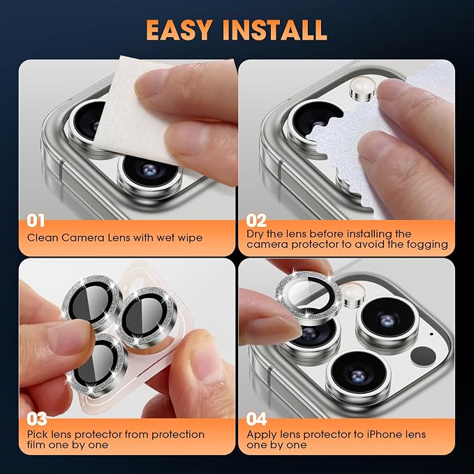 for iPhone 16 Pro/16 Pro Max Camera Lens Protector Glitter, Gray | Individual Metal, 9H Hardness, Scratch Resistant, Shockproof, Drop Protection, Case Friendly, Stylish Accessories - Image 7