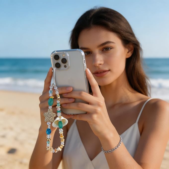 2 Pcs Phone Charm Strap Hand Wrist Strap Camera Lanyard Pearl Beaded Cute Chain String Accessories Universal for iPhone 17 Pro Max 16 15 14 for Samsung Women Girls Keychain Summer Ocean Star and Shell - Image 2