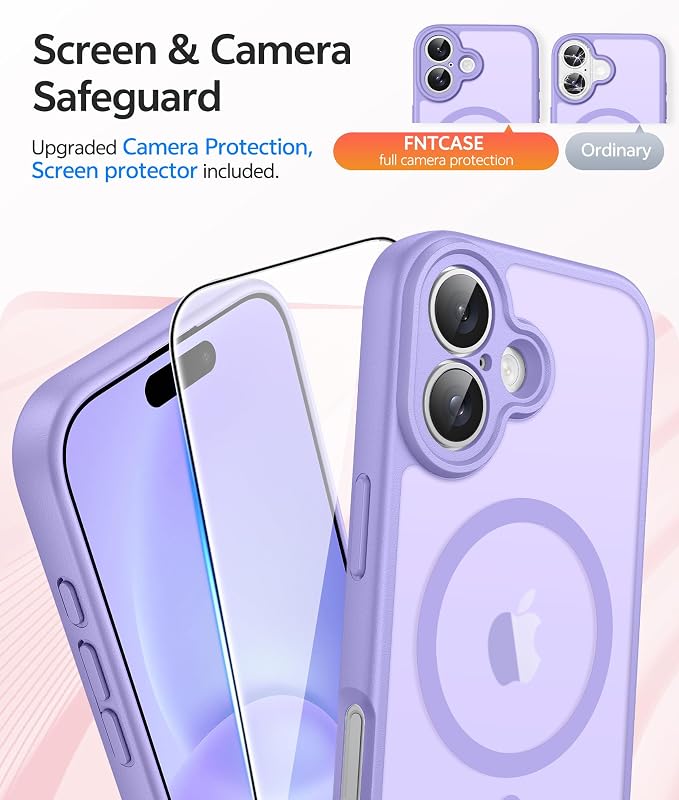 FNTCASE for iPhone 16 Case, Fit for Magsafe, Screen Protector, Light Purple | Full Camera Protection, Translucent Matte, 14FT Military Grade Drop Proof, Shockproof Protective Phone Cover - Image 4