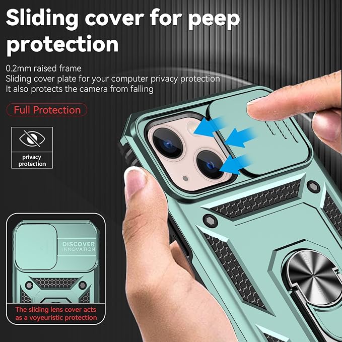 HNHYGETE for iPhone 13 Case with HD Screen Protector: [Military Grade 20ft. Drop Tested] Slide Camera Cover Ring Shockproof Protective Phone Case for - iPhone 13 (Dark Green) - Image 4