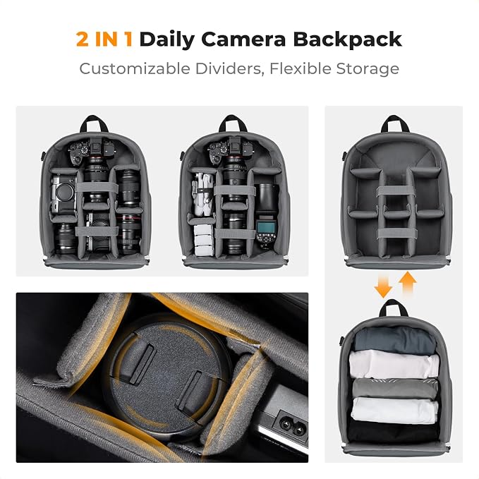 K&F CONCEPT Camera Backpack, DSLR/SLR/Mirrorless Photography Camera Bag | 14in Laptop Compartment & Rain Cover, 600D Fabric for Travel & Daily, Men & Women, Dual-Mode Detachable Dividers, Gray, B19 - Image 5