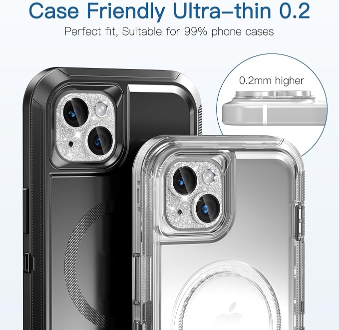 [2 Pack] Bling Camera Lens Screen Protector for iPhone 14/14 Plus with 9H Tempered Glass Aviation Aluminum Plate Cover Metal Ring,Night Circle,No Bubble,HD Clarity,Easy Installation-Glitter Silver - Image 5