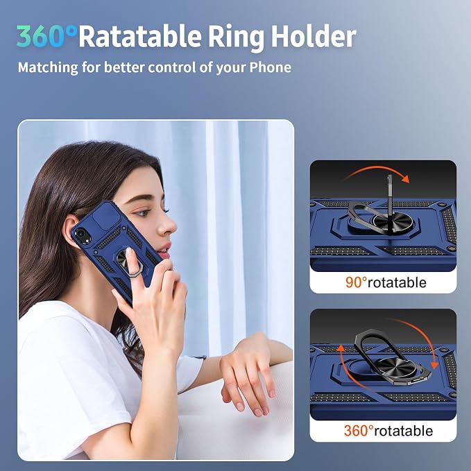 for iPhone XR Case with Camera Lens Cover, HD Screen Protector, 10 FT Military Grade Drop Protection, Magnetic Ring Holder Kickstand Protective Phone Case, Navy Blue - Image 6