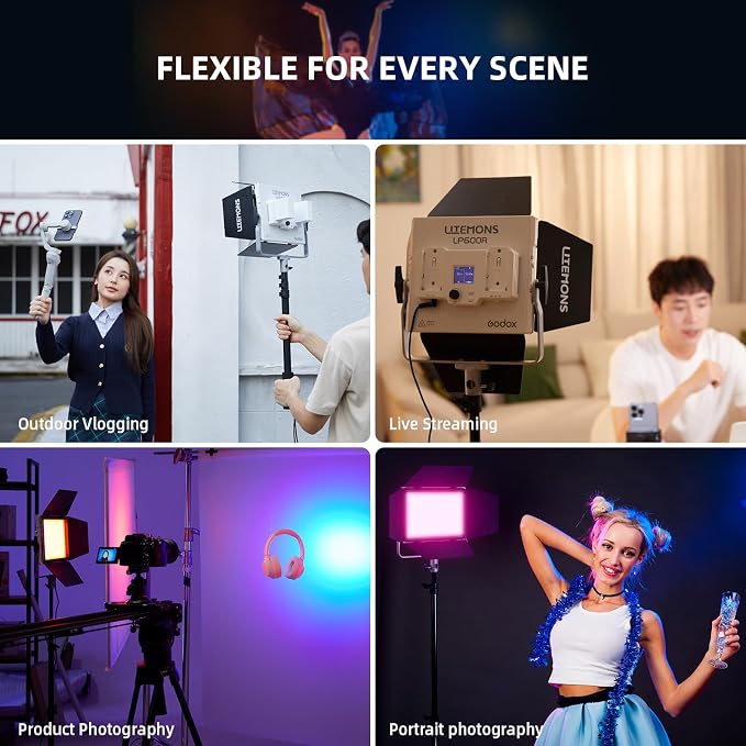 Godox LP600R RGB LED Video Light with Barndoor, 2-Pack 60W 1800K-10000K 9270Lux LED Panel Light with Light Stand, APP Control CRI96+ Studio Soft Light - Image 6