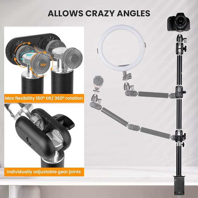 TARION Overhead Camera Desk Mount Articulating Arm with Gear Joints TKA01-M | 3-Section Arm, 6.6lb Load Capacity, 3/8'' Screw and 1/4'' Screw Ballhead, for DSLR SLR Mirrorless Cameras Projector Ringlight - Image 3