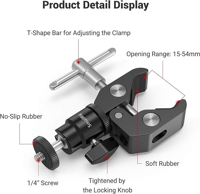 SMALLRIG Super Clamp Mount with Mini Ball Head Mount for Action Cameras | Hot Shoe Adapter with 1/4" screw for Monitors/Lights/Flash, for GoPro, for DJI, for Insta360 - Image 5