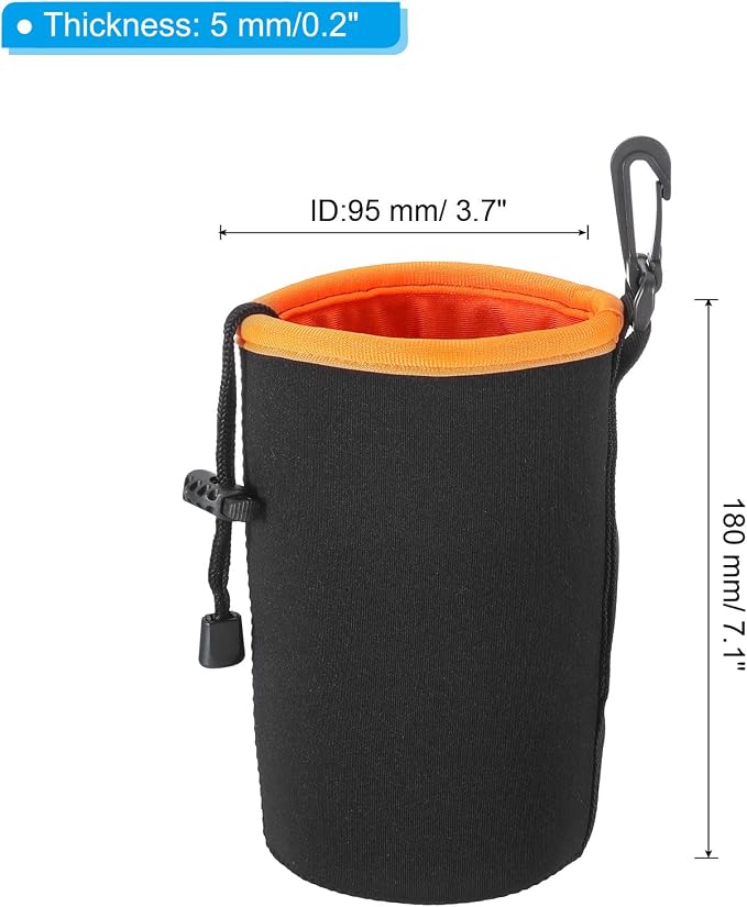 PATIKIL Camera Lens Bag, 2 Pcs 3.7" ID x 7.1" H Cylindrical Drawstring Lens Pouch with Thick Protective Neoprene, Lens Case for DSLR Camera Lens, Water Coffee Cups Black, Orange - Image 2
