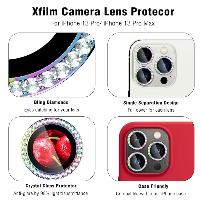 iPhone 13 Pro/13 Pro Max Camera Lens Protector Bling Diamond,Colorful | Individual Metal, 9H Hardness, Scratch Resistant, Shockproof, Drop Protection, Case Friendly, Stylish Accessories - Image 3
