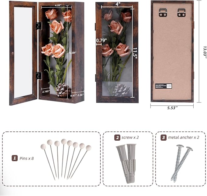 Muzilife 12.5x5 Shadow Box Picture Frame, 2.16 Deep, HD Glass, Honey Brown | FSC-Wood, Magnetic Door, Linen Interior & Pins, Vertical, Horizontal Wall Hanging, Display Case Frame for Photos & Keepsakes - Image 3