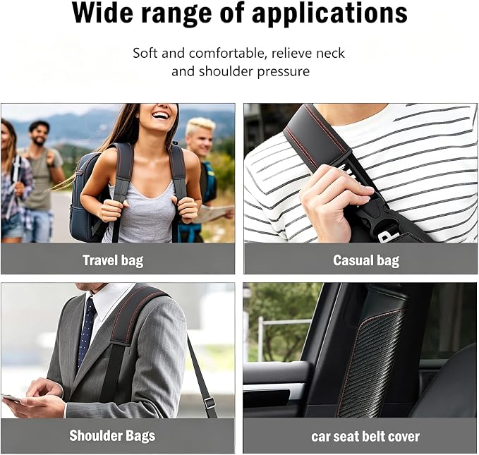 Carbon Fiber PU Leather Seat Belt Covers - 2Pcs, Black with Red Stitching Sporty Seat Belt Pads, Universal Fit - Image 6