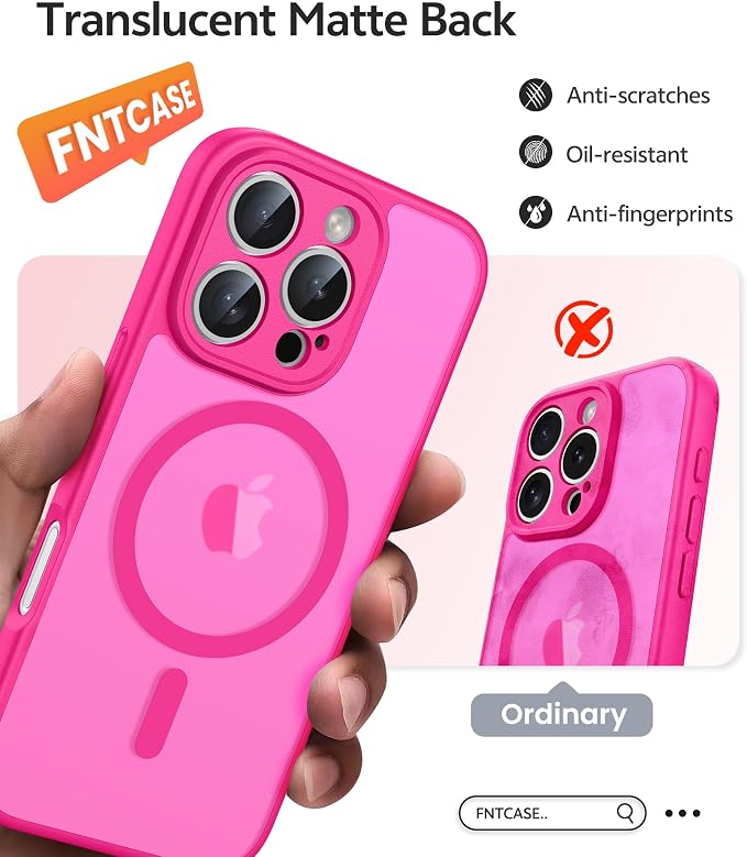 FNTCASE for iPhone 16 Pro Max Case, Fit for Magsafe, Glass Screen Protector | Full Camera Protection, Translucent Matte, 14FT Military Grade Drop Proof, Shockproof Protective Phone Cover, Hot Pink - Image 6