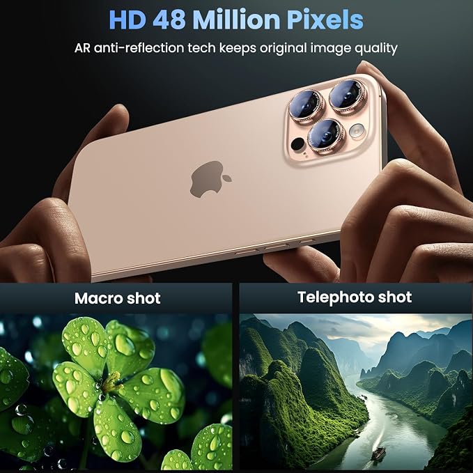 Uyiton for iPhone 17/16/15/14 (Pro Max & Pro) Camera Lens Protector | Unique Lines Text Design, Case-Friendly, Military-Grade Sapphire Glass Metal Camera Cover, Easy to Install, Gearwheel Gold - Image 3