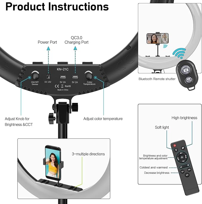 Hagibis 21 inch Ring Light with Stand Outer 55W 5600k Dimmable LED Light, Tripod Stand,and Phone Holder，Remote Controller,Carrying Bag ，CRI 97+ 2540lux, for Streaming Home Office Zoom Call Lighting - Image 5