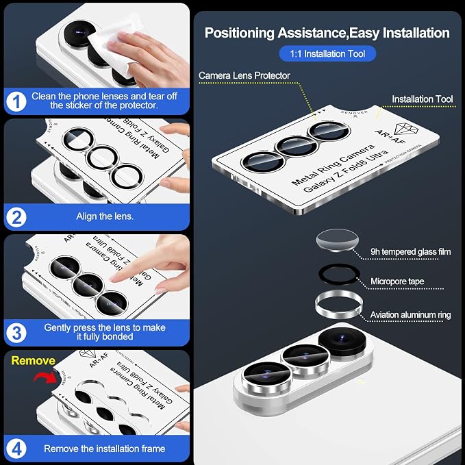 for Samsung Galaxy Z Fold 8 Ultra Camera Lens Protector, Individual Metal Ring Tempered Glass Lens Cover, [Strong Adsorption] Scratch Resistant Ultra-Thin HD Clear Lens Cover, 1 Set-Slivery Ring - Image 7