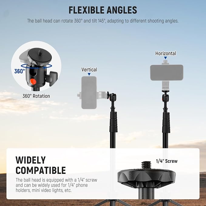 NEEWER Photography Light Stand 1.8-6.6ft/56-200cm with Ball Head 1/4" Screw, Max Load 8.8lb/4kg Aluminum Portable Studio Lighting Tripod, Phone Video Stand for Strobe Light Softbox DSLR Camera, ST200B - Image 5