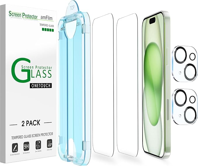 amFilm OneTouch for iPhone 15 Plus Screen Protector 6.7'' Tempered Glass | Auto-Alignment, 30s Install, Bubble Free, Scratch & Drop Protection, HD Clear, Camera Lens Protector, 2+2 Pack (15-6.7'') by amFilm