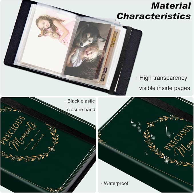 DEGDFSGR 5x7 Small Photo Album, 60 Pockets Holds 120 Photos | Slip-in pockets, black elastic band, portable for family, wedding, baby, travel photos, Vintage Frame Gold Laurel Wreath - Image 5