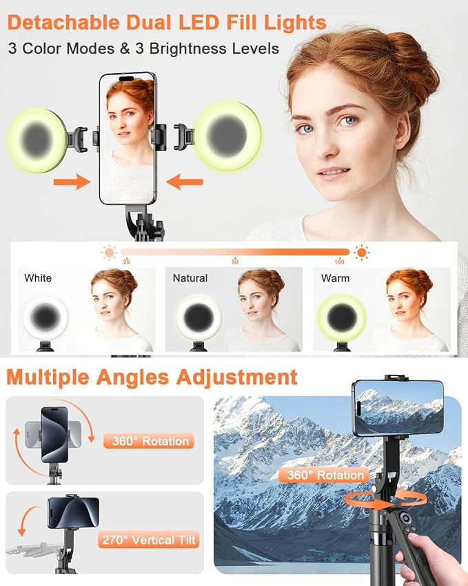 Yeaki 71” Auto Face Tracking Tripod for iPhone with Light,360° Rotating Phone Stand with Rechargeable Remote Control for TikTok Vlog Video Recording, Phone Tripod for Android Camera/GoPro/Ring Light - Image 4