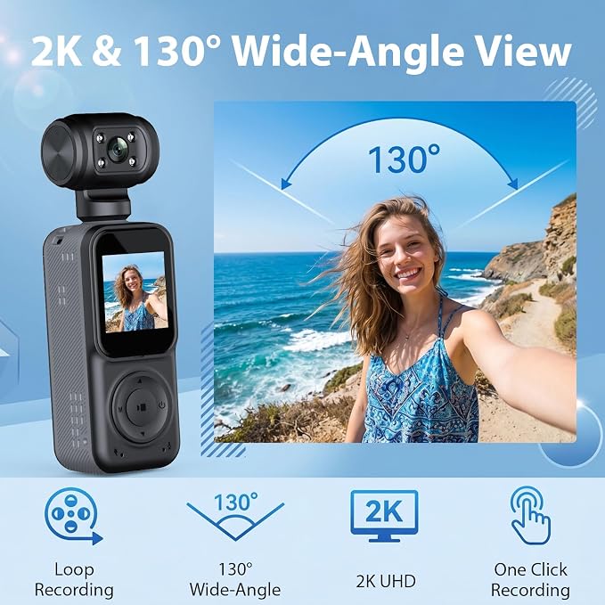2K Handheld Vlogging Camera, Portable Pocket POV Camcorder Body Cam | 2k HD Recording, 180° Rotatable Lens, Eis Stabilization, Wifi Connection, Four Fill Light, 8 Hour Battery Life for Vlogging - Image 2