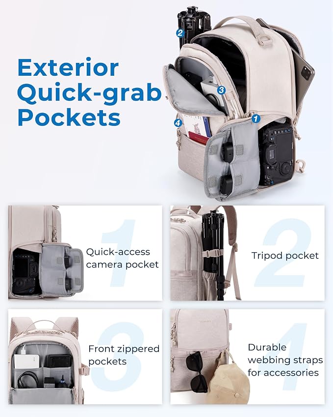 BAGSMART 2 in 1 Small Camera Backpack for DSLR, Fits 12.9" iPad, Beige | Small SLR Camera Bags for Photographers with Shoulder Strap, Compatible for Sony Canon Nikon, Travel Backpack for Men Women - Image 4