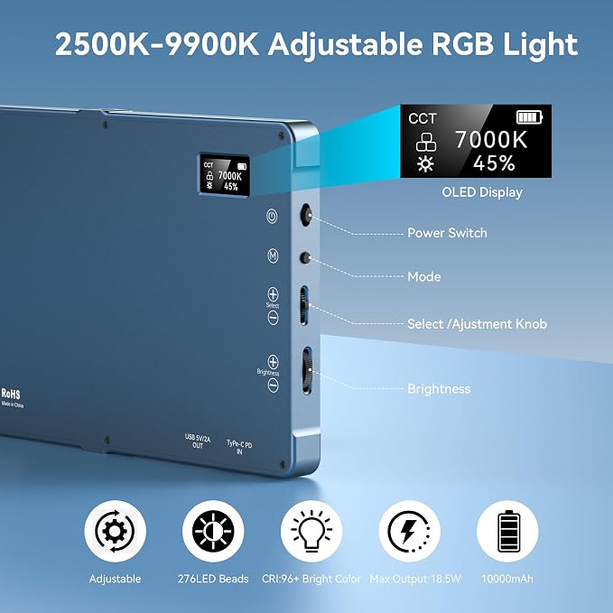 ENEGON 10000mAh RGB LED Video Light - 276 LED Beads with OLED Display, 18.5W Max, 2500–9900K CCT, CRI 96+, 21 Scene Modes - for Photography, YouTube, TikTok & Video Conferences - Image 4