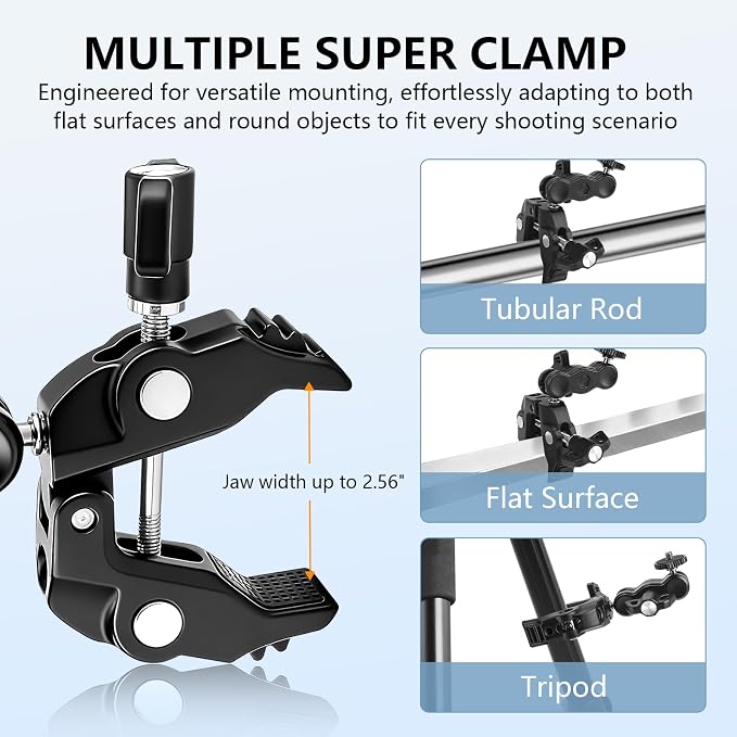 Chelhead Super Clamp Camera Mount with Phone Holder for Up to 3" Tubes | Dual 1/4"-20 & 3/8"-16 Threads, Compatible with DSLR Cameras, Action Cameras, LED Lights, Gimbals & Tripods - Image 5