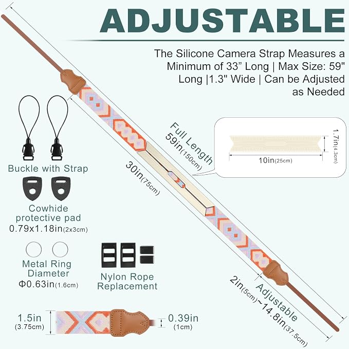 FIEIL Neck Strap Silicone Camera Straps - Padded Camera Strap, 1.5" Wide Adjustable Neck Strap - Compatible with Canon, Nikon, Sony, and More DSLR and Mirrorless Cameras (Orange purple khaki weave) - Image 5