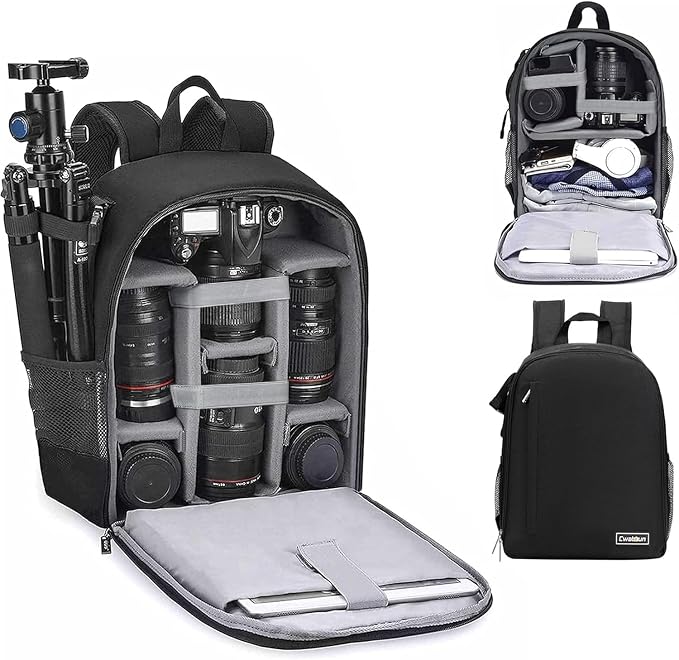 Cwatcun Camera Backpack Bag Water-resistant DSLR SLR for Canon/Nikon/Sony | Professional for SLR DSLR Mirrorless Camera Bag Case And Lens And1DSLR body+3-5 lenses+flash+tripod+14" iPad. by FocusonCameraBag