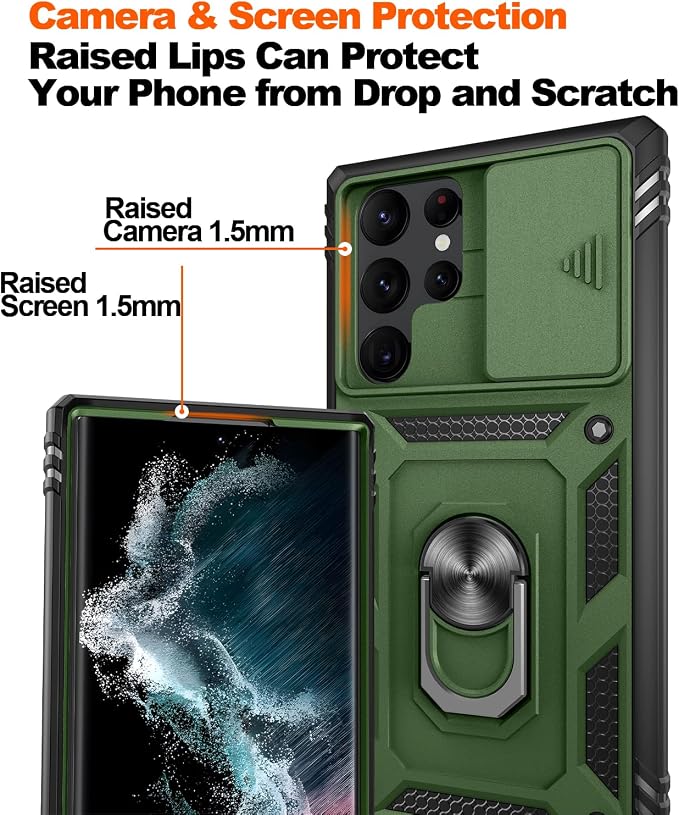 Gritup for Galaxy S22 Ultra Case Military-Grade Shockproof with Kickstand | with 2 PCS Screen Protector, Slide Camera Cover, Heavy Duty Outdoor Protection Funda para Samsung S22 Ultra Cover,Green+Black - Image 4