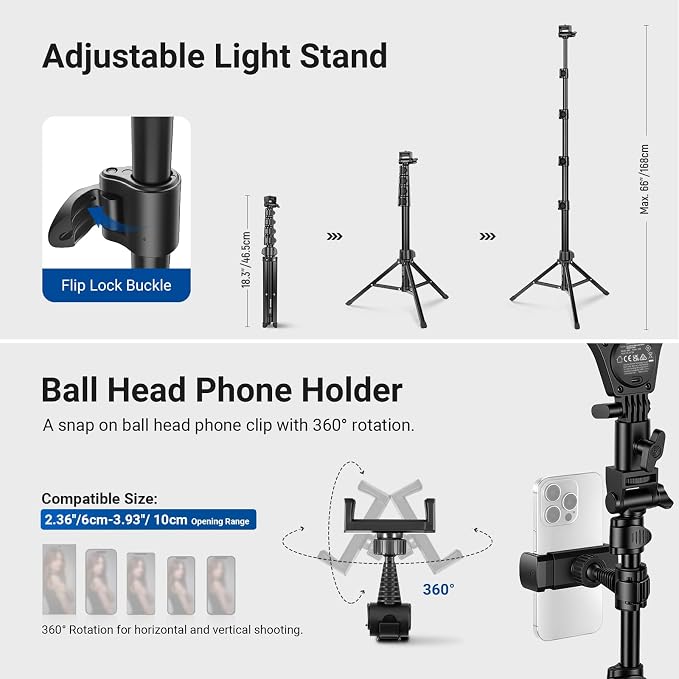 NEEWER ENTRY LEVEL VERSION 10.5" 10W Ring Light with 66" Tripod Stand, Overhead Phone Holder Mount Compatible with iPhone, Bi Color CRI85+ LED Selfie Lighting for TikTok Video Recording Streaming, N43 - Image 8