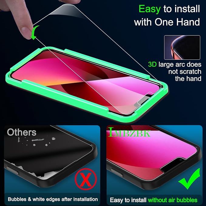 IMBZBK Screen Protector for iPhone 13, Tempered Glass, 3+3 Pack | 9H+ Hardness, Military Grade Shatterproof, Case Friendly, Bubble Free Easy Installation Frame, with 3 Camera Lens Protectors - Image 5