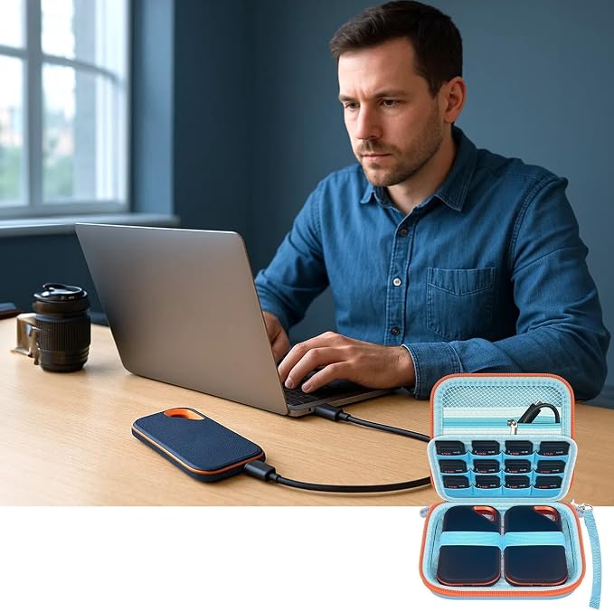 PAIYULE Dual SSD Case for 2 SanDisk Extreme Portable SSDs & Extreme PRO | Elastic Straps Secure Two Drives, Mesh Pocket Organizes Cables, Carabiner Adds Portability, Blue, Case Only - Image 7