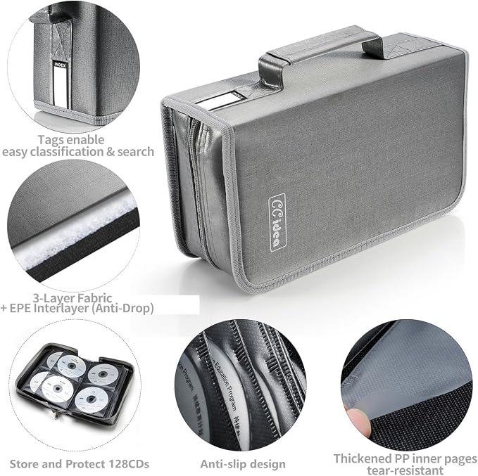 CCidea CD Case DVD Storage Holder, 128 Capacity DVD Cases Organizer CD Plastic Protective Carrying Binder,Portable Cd Wallet for Home Travel (Gray) - Image 7