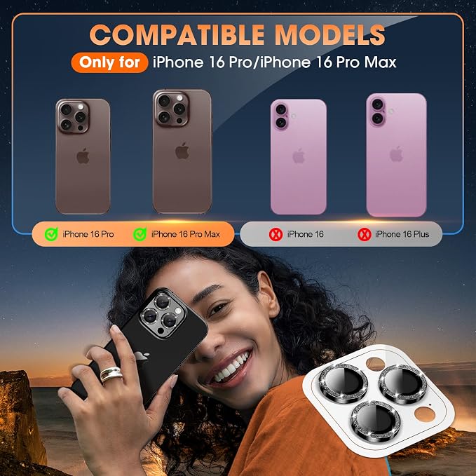for iPhone 16 Pro/16 Pro Max Camera Lens Protector Glitter, Black | Individual Metal, 9H Hardness, Scratch Resistant, Shockproof, Drop Protection, Case Friendly, Stylish Accessories - Image 5