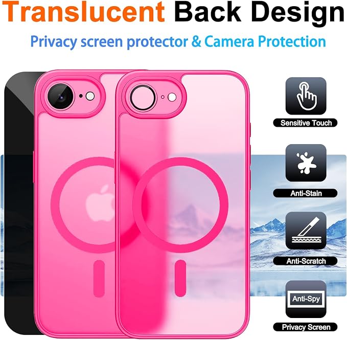 Magnetic for iPhone 17e Case & iPhone 16e Case, Hot Pink | Full Camera Protection, with Privacy Screen Protector, Compatible with MagSafe, Matte Shockproof Phone Cover for 17 e / 16 e - Image 2