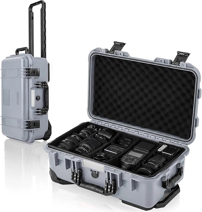 Relaxweex Rolling Camera Hard Case with 15 Padded Dividers & Wheels | Impact-resistant, Protective, Waterproof, Hard Shell Travel Case for Cameras, Lenses & Accessories, 22 x 14 x 9 Inch, Black by Relaxweex