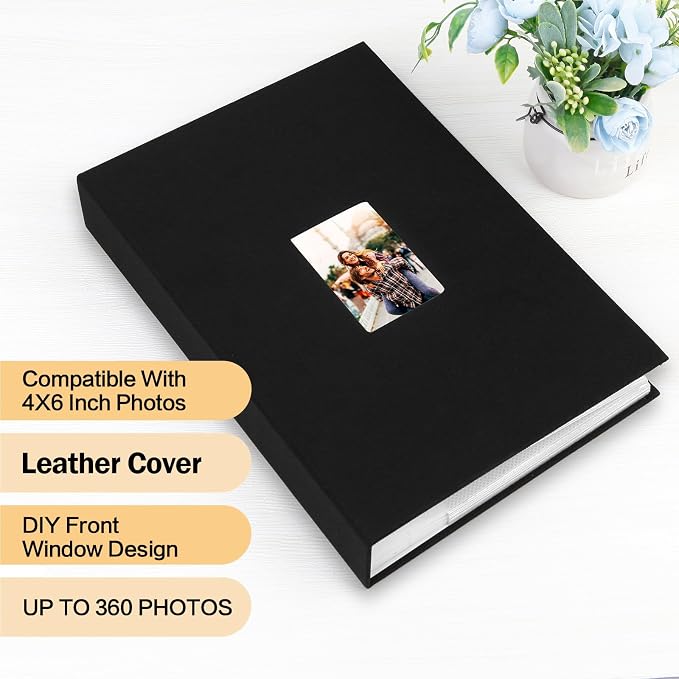 4x6 Photo Album Holds 360 Photos Writing Space, PU Leather, Black | Clear Acid-Free Sleeves, Memo Writing Areas, Front Display Window, Baby, Wedding, Travel & Family Picture Keepsakes - Image 2
