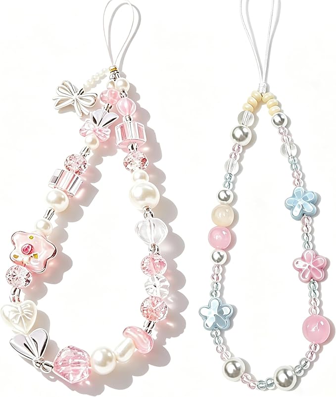 2 Pcs Phone Charm Strap Hand for iPhone Wrist Strap Camera Lanyard Pearl Beaded Cute Chain String Accessories Universal for iPhone 17 Pro Max 16 15 Samsung Women Girls Keychain Bow Flower Blue Flower by Casecond