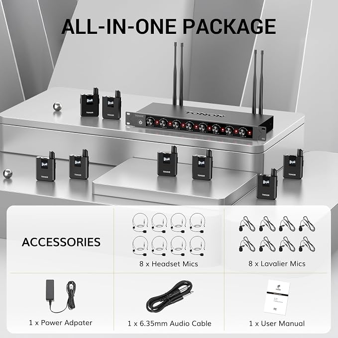 TONOR Wireless Microphones System with 8x12 Channels Headset/Lavalier Lapel Mics, Bodypack Transmitter, Receiver, 90 m/295ft UHF Range for Church Conference Performance Singing Karaoke PA Speaker - Image 8