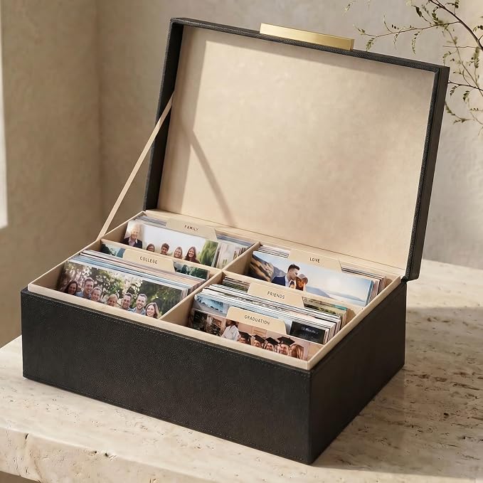 Decorative Photo Storage Box - PU Leather Organizer for 1200 4x6 Photos | Sturdy Scrapbook Storage Containers with Dividers and Lid - Portable Box Safely Stores Your Pictures - Image 9
