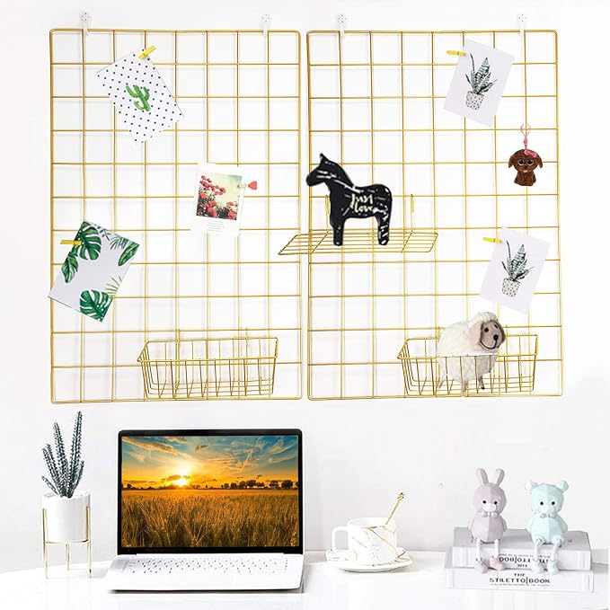 2 Pack Large Wall Grid Panels with Light and Clips, Photo Display Board, Picture Frame Collage Board, Wire Grid Wall Panel Room Decoration,Dark Gold | Picture Frames Collage , Wire Grid Wall Panel Room Decoration by GBYAN