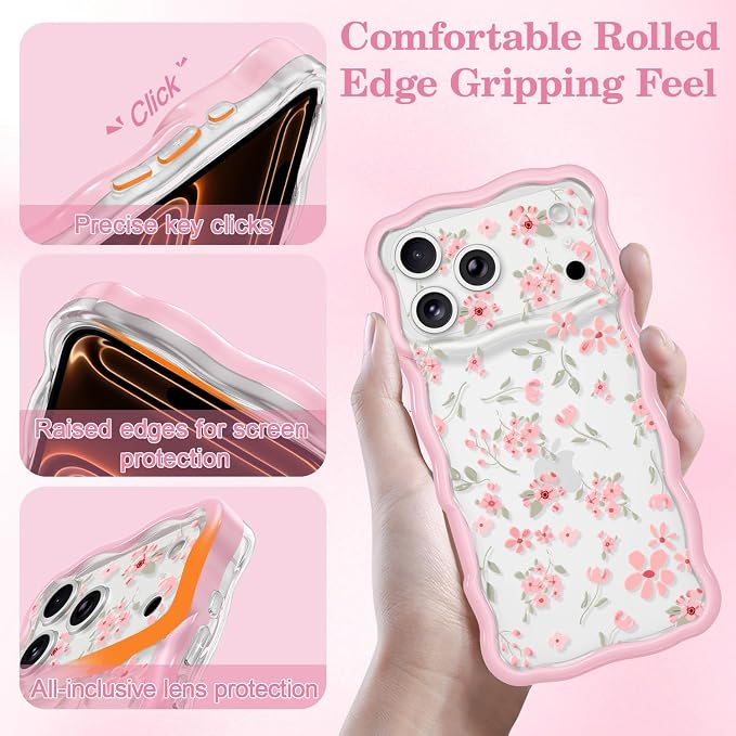QLTYPRI for iPhone 17 Pro Max Pink Flower Case, Clear Cute Pink Floral Flower Phone Case Curly Wavy Aesthetic Phone Cover, Soft Slim Transparent TPU Shockproof Protective Cover for Women Girls - Pink - Image 3