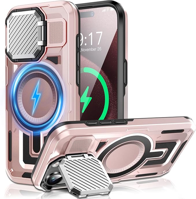Camera Stand Case for iPhone 15 Pro, [Compatible with Mag Safe] [Lens Cover] 2024 Version Military Grade Protective Soft Case for iPhone 15 Pro 6.1 inch Men Women, Pink by WASTROYAL