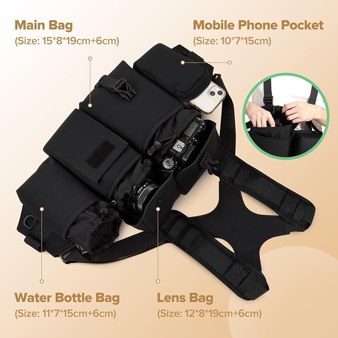 Camera Belt Camera Vest for Photographers,Vest Waist Pack for Lens | Multifunctional Camera Bag Adjustable Strap Suitable for Storing DSLR Camera Body Lens Smartphone Water Bottle(Black) - Image 5