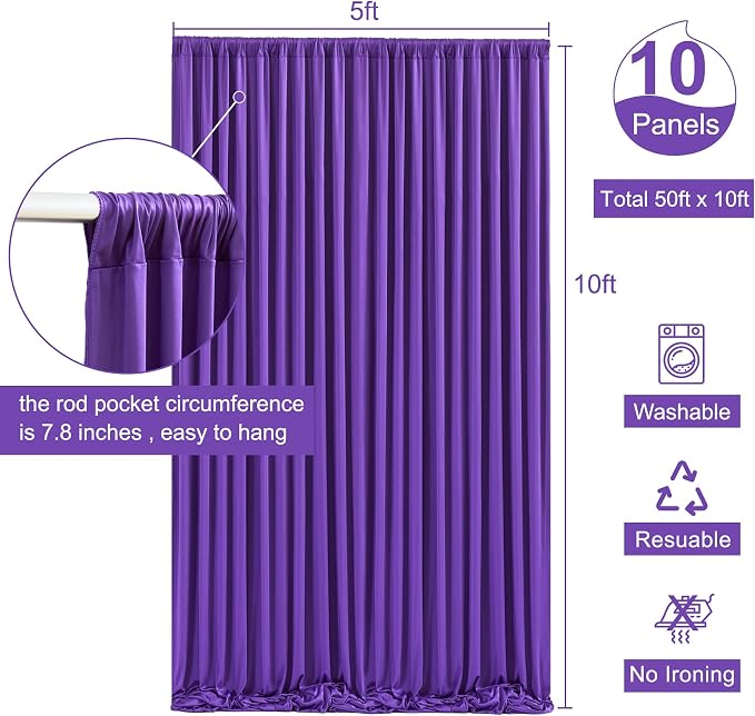 10 Panels Purple Backdrop Curtain for Parties Wedding Wrinkle Free Purple Photo Curtains Backdrop Drapes Fabric Decoration for Birthday Party Photography 50ft(W) x 10ft(H) - Image 5
