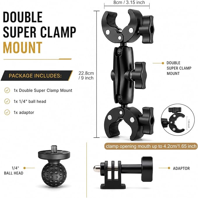 Double Super Clamp Mount 360° Adjustable Umbrella Tripod Mount | Camera Clamp for Photography Reflector Motorcycle Handlebar Umbrella Pole Holder Stand Bracket Flag Holder Light Stand Tripod - Image 2