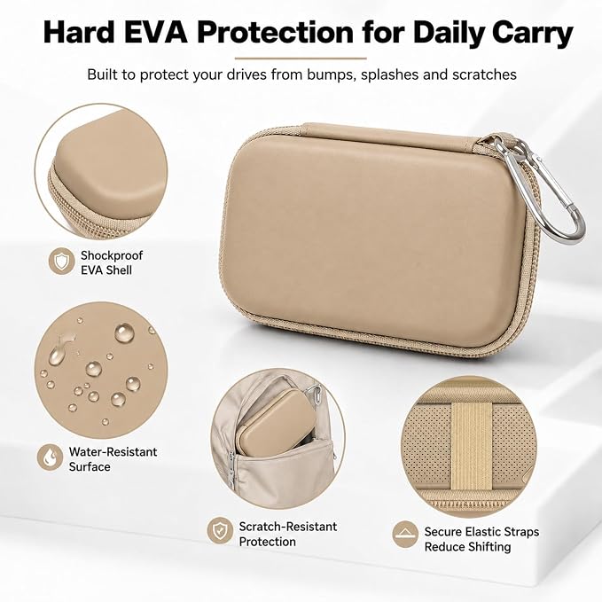 Comecase Dual SSD Case for SanDisk Extreme Portable SSD and Extreme PRO | Holds 2 Drives & 12 SD Cards, Elastic Strap Fit 500GB/1TB/2TB/4TB/8TB, Cable Groove & Carabiner for Travel, Khaki, Box Only - Image 5