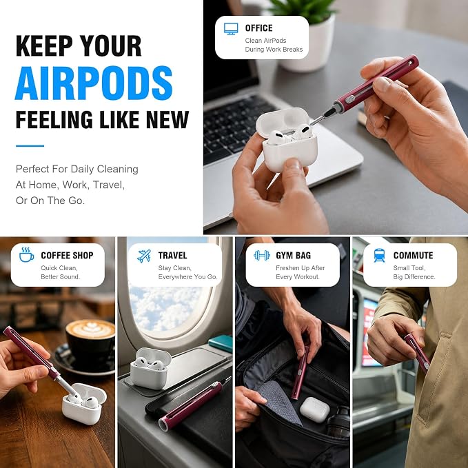 Hyashee Cleaner Kit for Airpods Pro 1 2 3 Multi-Function Cleaning Pen with Soft Brush Flocking Sponge for Bluetooth Earphones Case Cleaning Tools (Red) - Image 3